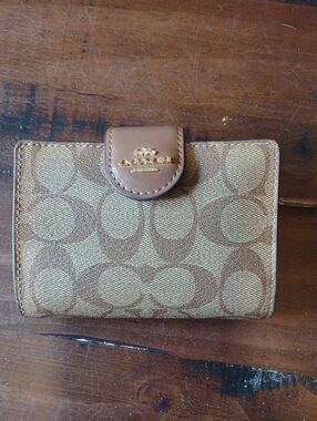 Coach Tan and Brown Signature Canvas Compact Wallet